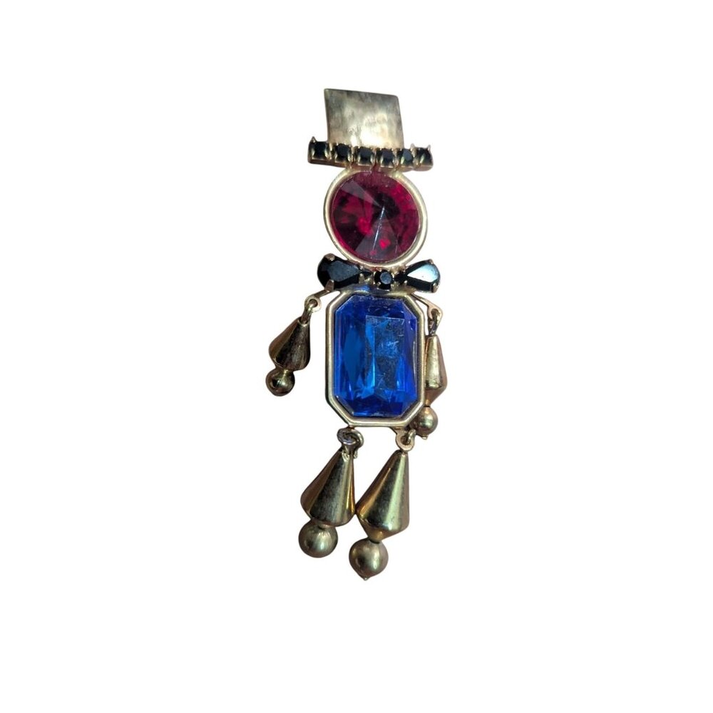 Vintage Articulated Clown Brooch Gold Tone Red Blue Crystal Figural Pin 2.75in